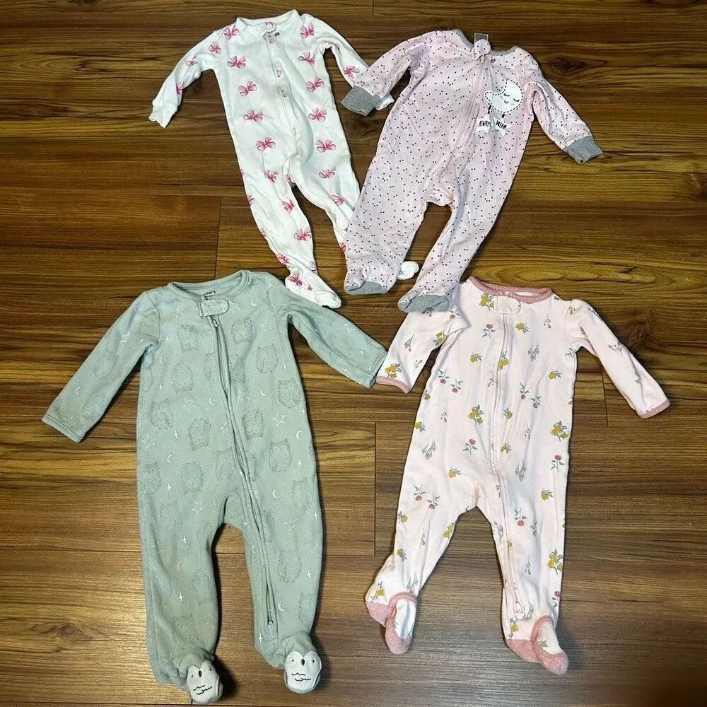 Baby Girls Sleep and Play Lot of 4 Pajamas Footies 6-9 Months Fleece
